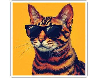 Pegatina de vinilo troquelado con diseño de gato de Bengala y gafas de sol, estilo pop retro