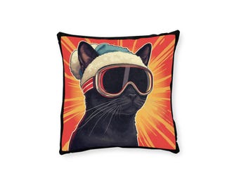 Cojín cuadrado con gato con gafas de esquí / Gato esquiador retro, fondo con estampado de rayos de sol