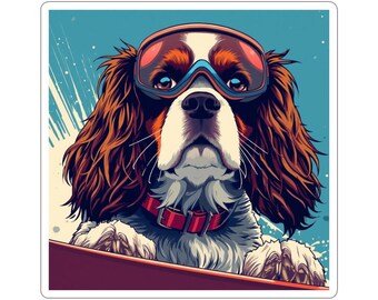 Pegatina troquelada de Cavalier Spaniel haciendo snowboard