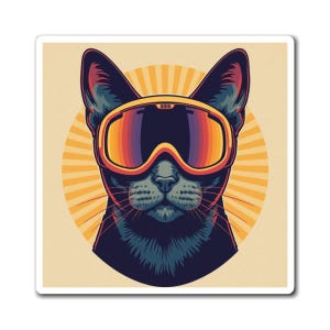 Cornish Rex Cat with Goggles Magnet | Retro Sunburst Cat Magnet