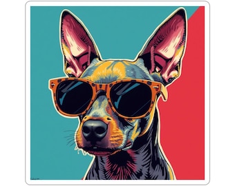 Pegatina troquelada de Xoloitzcuintle con gafas de sol, estilo pop art colorido
