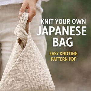 May include: A beige knitted Japanese bag with a triangular shape is held by a person. The bag has a twisted handle. Text on the image reads "Knit Your Own Japanese Bag" and "Easy Knitting Pattern PDF".