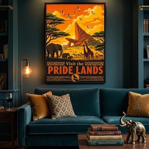 Plakat safari w stylu vintage „Odwiedź Pride Lands” | Retro wydruk podróżny inspirowany Królem Lwem