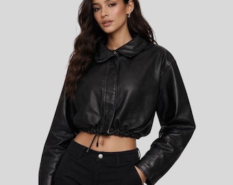 Women Black Suede Jacket Zip Up Fall Winter Gift For Her