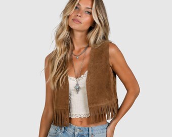Débardeur en daim marron à franges pour femme, haut bohème sans manches pour festival, chic