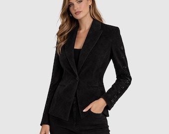 Blazer pour femme en cuir suédé noir - Veste sur mesure en daim véritable - Cadeau pour elle
