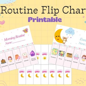 Może przedstawiać: Drukowana karta Routine Flip Chart z sekcjami "Poranna rutyna" i "Wieczorna rutyna". Karta zawiera kolorowe ilustracje dla codziennych zadań, w tym tęczę, słońce, księżyc i gwiazdy. Widoczny jest również tekst "Do druku".