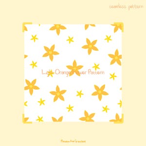May include: A seamless pattern featuring light orange five-petalled flowers on a white background. The text "seamless pattern" appears at the top, "Light Orange Flower Pattern" in the centre, and "Meadow And Grassland" at the bottom.