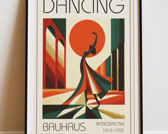 Bauhaus Dancing Vintage Art Illustration | Retro Flamenco Dancer Wall Decor | Mid Century Dance Poster | Dancer Gift | Geometric Dance Art