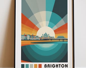 Pôster de viagem vintage de Brighton, arte de parede retrô de Brighton, estampa colorida de praia, decoração costeira moderna de meados do século XX do Reino Unido, presente de Brighton