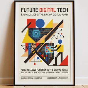 May include: A framed poster titled FUTURE DIGITAL TECH BAUHAUS 2050: THE ERA OF DIGITAL FORM. The graphic features geometric shapes in red, yellow, blue, and black, including a circuit board pattern, binary code, and a stylised human figure.