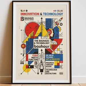 Può includere: Un poster incorniciato con grafiche geometriche ispirate al Bauhaus in rosso, blu e giallo. Il testo include INNOVATION & TECHNOLOGY, THE BAUHAUS & TECHNOLOGY, FORM MEETS FUNCTION, DIE NEUE TECHNIK / ART & INDUSTRY e PROGRESS THROUGH DESIGN.