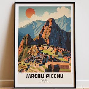 May include: Framed art print featuring a vintage travel poster design of Machu Picchu, Peru. The artwork depicts the ancient city with a vibrant orange sun, blue mountains, and the text "Machu Picchu - Peru" in a bold font.