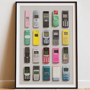Jaren 90-00 mobiele telefoon collage poster - Y2K Tech Aesthetic Wall Art - retro mobiele telefoon print - nostalgische Nokia Motorola Gizmo Decor