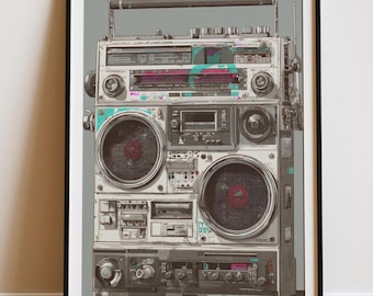 Retro Boombox Poster | 80s Hip Hop Ghetto Blaster Art Print | Vintage Stereo Wall Decor | Nostalgic Music Lover Gift | Old School Cassette