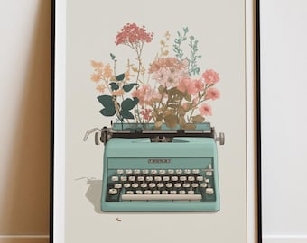 Pôster vintage de máquina de escrever, arte de parede floral, presente botânico para escritores, decoração retrô com flores em tons de azul-petróleo, arte para escritório/estúdio de autores.
