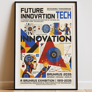 Könnte beinhalten: Ein gerahmtes Poster mit dem Titel Future Innovation Tech, das Bauhaus-inspirierte geometrische Formen, Primärfarben und Illustrationen von Robotern, Schaltkreisen und Glühbirnen zeigt. Der Text enthält Bauhaus 2035, Weimar, Dessau und Berlin.