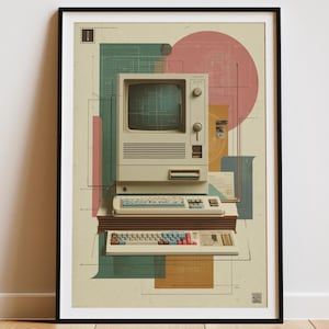Può includere: Stampa artistica incorniciata con un'illustrazione di computer vintage. L'opera presenta un computer color crema con una tastiera, su uno sfondo di forme geometriche in verde acqua, rosa e beige. La stampa è incorniciata in un bordo nero.