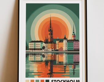 Pôster de viagem de Estocolmo em estilo Bauhaus retrô | Arte de parede vintage de Estocolmo | Pôster minimalista geométrico da cidade | Decoração nórdica retrô