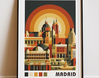 Pôster de viagem vintage de Madrid, impressão retrô da cidade, arte de parede de Madrid, decoração de viagem para a Espanha, impressão em estilo Bauhaus, horizonte da cidade espanhola, arte europeia