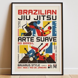 May include: A framed poster featuring a Bauhaus-style graphic of two figures practising Brazilian Jiu Jitsu. The design includes red, blue, yellow, and black geometric shapes, with text reading BRAZILIAN JIU JITSU, ARTE SUAVE DO BRASIL, and 70x99 cm.