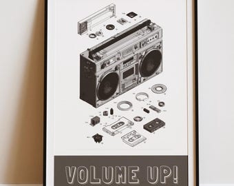 Retro Boombox Poster, Vintage 80s Ghetto Blaster Wall Art, Nostalgic Music Decor, Volume Up Aesthetic Print, Museum Quality Street Style
