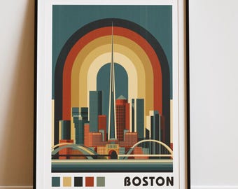Boston Massachusetts Retro City Illustration | Vintage 70s Travel Wall Art | Boston Skyline Rainbow Arch Poster | New England Nostalgia Gift