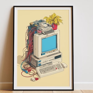 May include: A framed art print featuring a vintage beige computer setup with a monitor, keyboard, and mouse. A stack of electronic components and a potted yellow plant sit on top of the monitor, with a tangle of red and blue cables hanging down.