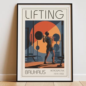 Tyngdlyftningsväggkonsttryck | Vintage gymaffisch | Bauhaus-konstverk med lyftmotiv | Retro fitnessdekor | Styrketräningspresent till lyftare