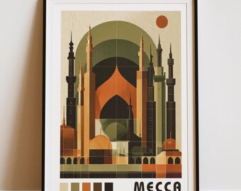 Plakat podróżniczy w stylu Bauhaus – sztuka ścienna w stylu retro Mekka, wydruk w stylu vintage, minimalistyczny wystrój w geometrycznej architekturze