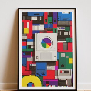 Floppy Disk Collage Poster Retro 90s Tech Art Print Vintage Nostalgia Wall Decor for Computer Geek Gamer Office Desk Decor Unframed Print