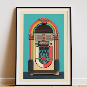 May include: A framed print of a retro jukebox illustration. The jukebox is rendered in bright colours, including red, yellow, blue, and cream, set against a teal background. The artwork has a vintage, mid-century modern aesthetic.