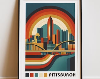 Plakat podróżniczy w stylu vintage z Pittsburgha | Grafika retro z miasta | Sztuka ścienna z Pittsburgha, Wystrój wnętrz z podróży do USA | Grafika z Pensylwanii | Sztuka miejska | Prezent z Ameryki