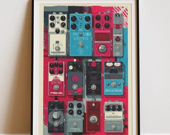 Poster con pedale per chitarra / Stampa artistica di uno studio musicale retrò