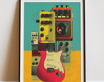 Stampa artistica con pedale per chitarra retrò / Decorazione da parete per studio musicale
