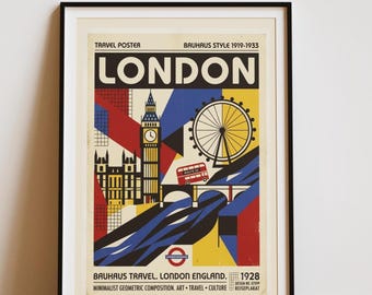 May include: A framed travel poster titled LONDON in a Bauhaus style. The graphic features Big Ben, the London Eye, and a red double-decker bus in geometric shapes of red, yellow, blue, and black. Text includes TRAVEL POSTER, BAUHAUS STYLE 1919-1933.