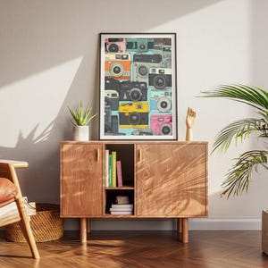 Pu&ograve; includere: Una stampa artistica incorniciata con un collage di fotocamere vintage in vari colori, tra cui rosa, giallo e turchese. La stampa &egrave; esposta su un mobile in legno con una piccola pianta e una scultura di mano in legno.