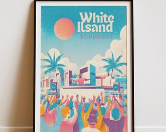 90s Club Culture Poster | Island Euphoria DJ Print | Modern Sunset Graphic Art | Crown Mixing Desk Wall Decor | Retro House Music Art Gift