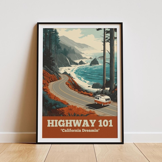 Vintage Highway 101 Travel Poster | Retro Campervan Art Print | California Coast Road Trip Decor | Nostalgic Pacific Shore Wall Hanging Gift