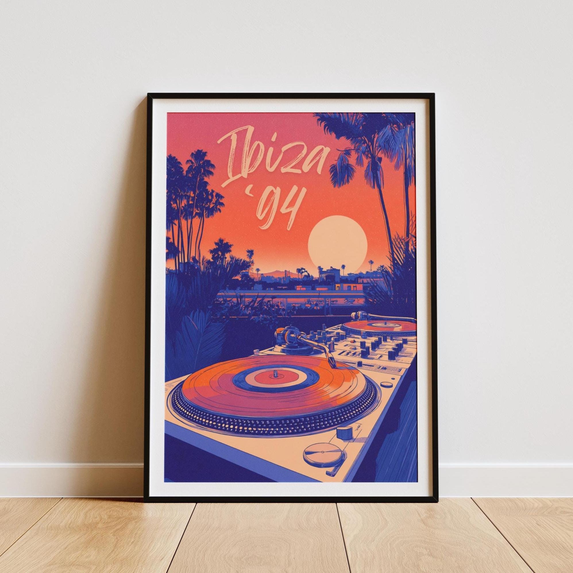 Ibiza 94 Retro Dance Poster | Vintage Sunset DJ Turntable Print