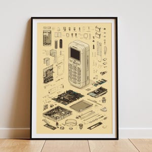 Póster con esquema de teléfono móvil retro / Lámina artística de tecnología de teléfonos móviles vintage / Regalo de decoración de pared con dibujo técnico