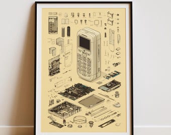 Retro Mobile Phone Schematic Blueprint Poster | Vintage Cell Phone Tech Art Print | Technical Drawing Wall Decor Gift