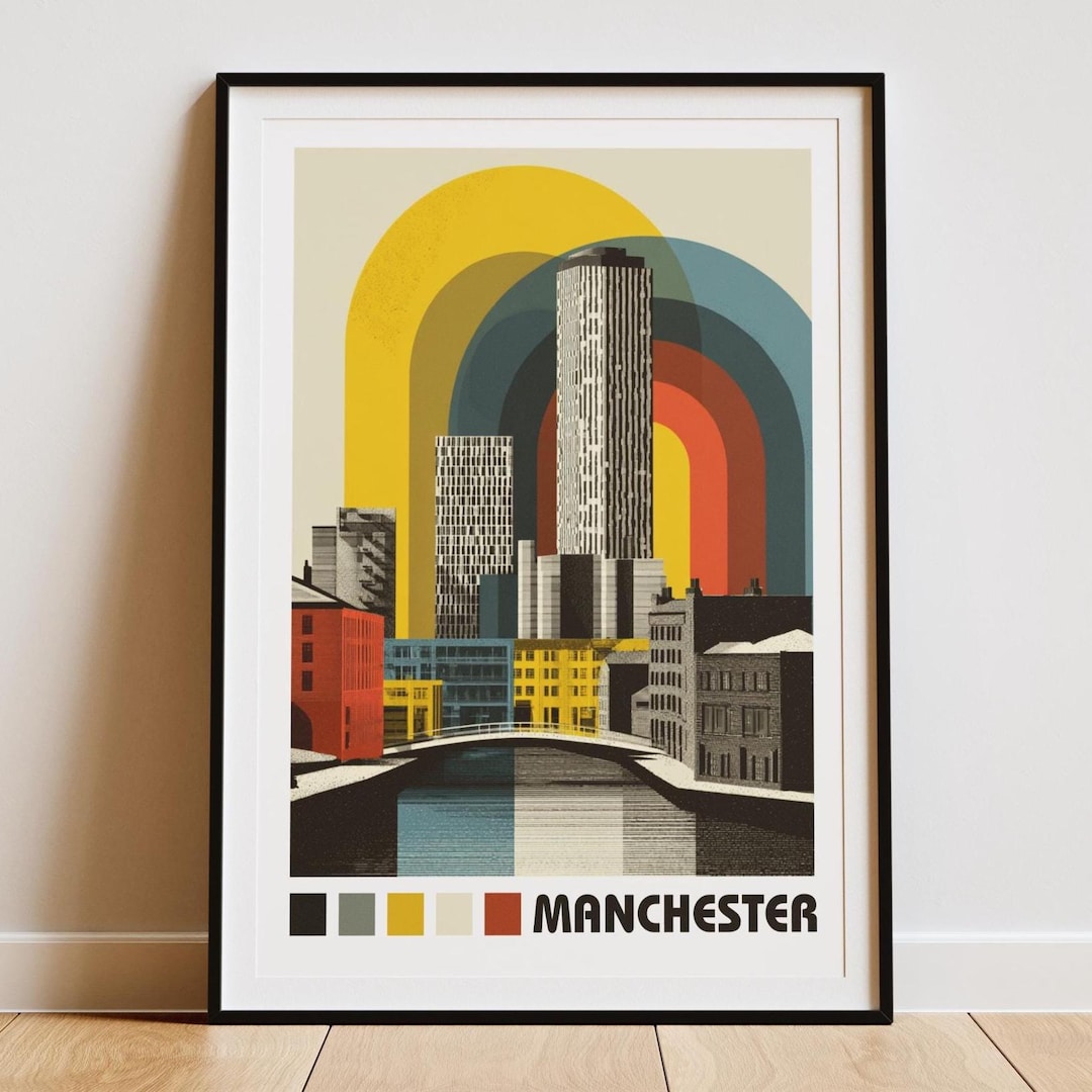 Manchester Poster Retro Manchester Travel Poster Bauhaus Style | Vintage Manchester Wall ...