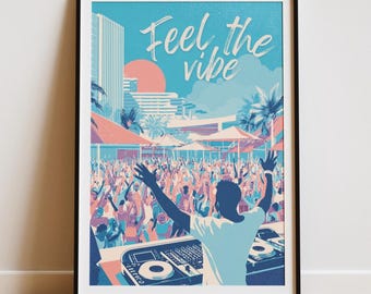 Feel The Vibe Retro Dance Poster, Vintage Sunset DJ Club Scene, 70s 80s Disco Party Wall Art, Nostalgic Music Print