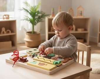 Wooden Montessori Busy Board | Beading & Gear Matching Toy | Hand Eye Coordination Activity | Fine Motor Gift Kids