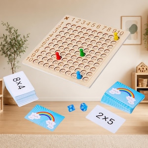 Wooden Multiplication Board Game Montessori Math Toy, Math Table Times Board with Cards & Dice, Educational Learning Gift for Kids