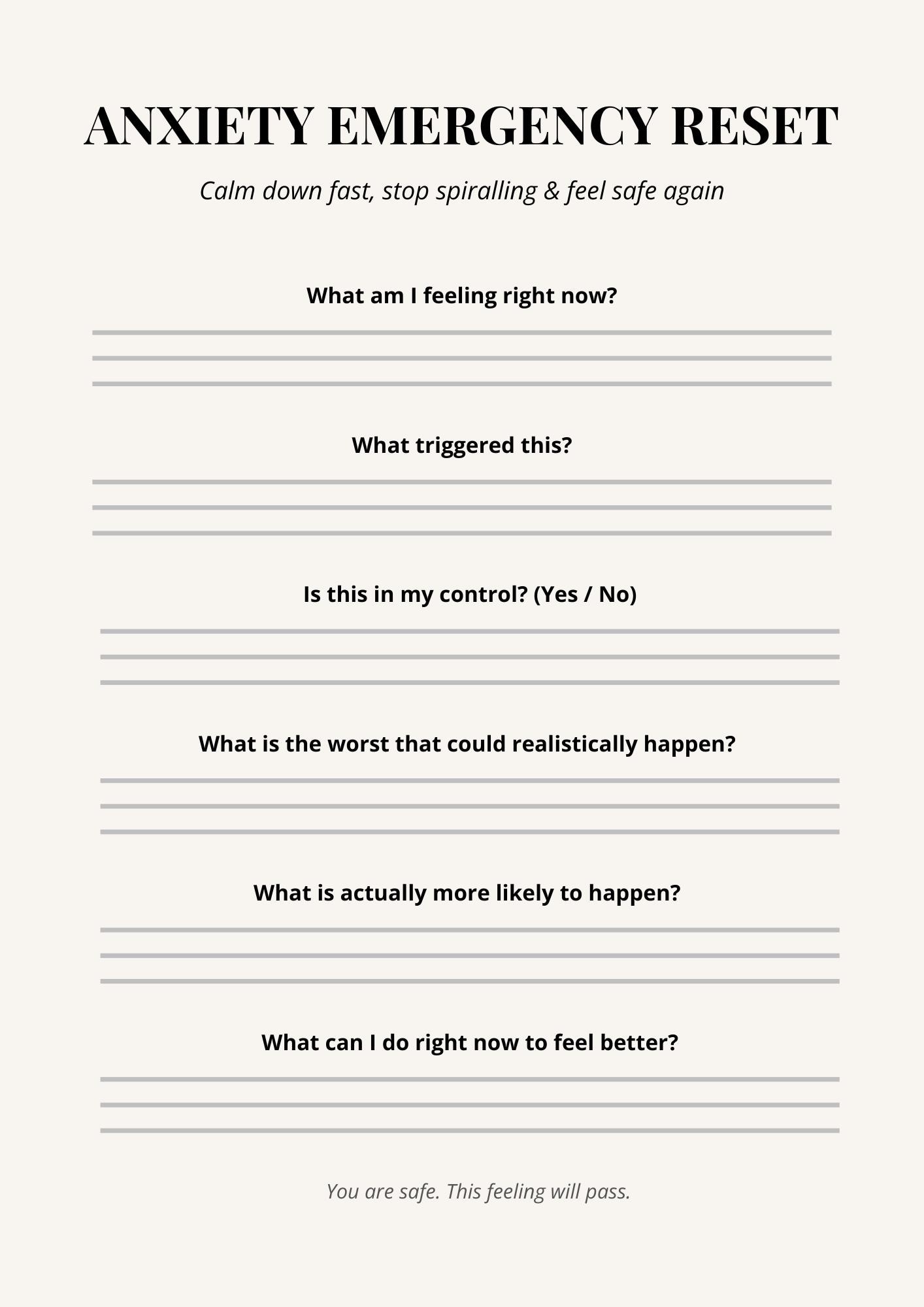 Panic Worksheets.pdf Anxiety Emergency Reset Worksheet, Panic Relief, Overthinking Help (PDF ...
