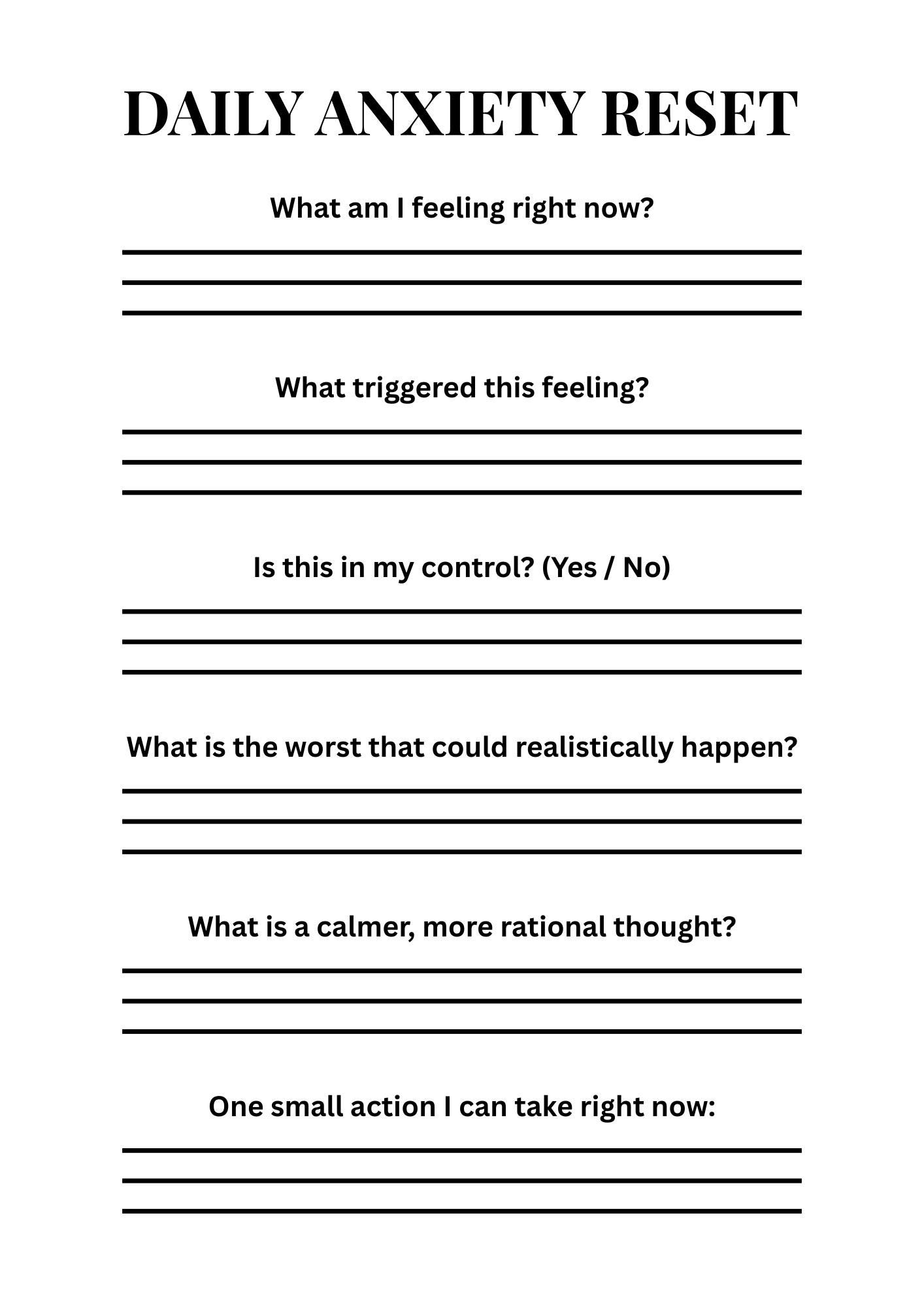 Daily Anxiety Reset Printable | Overthinking Worksheet | Mental Health ...