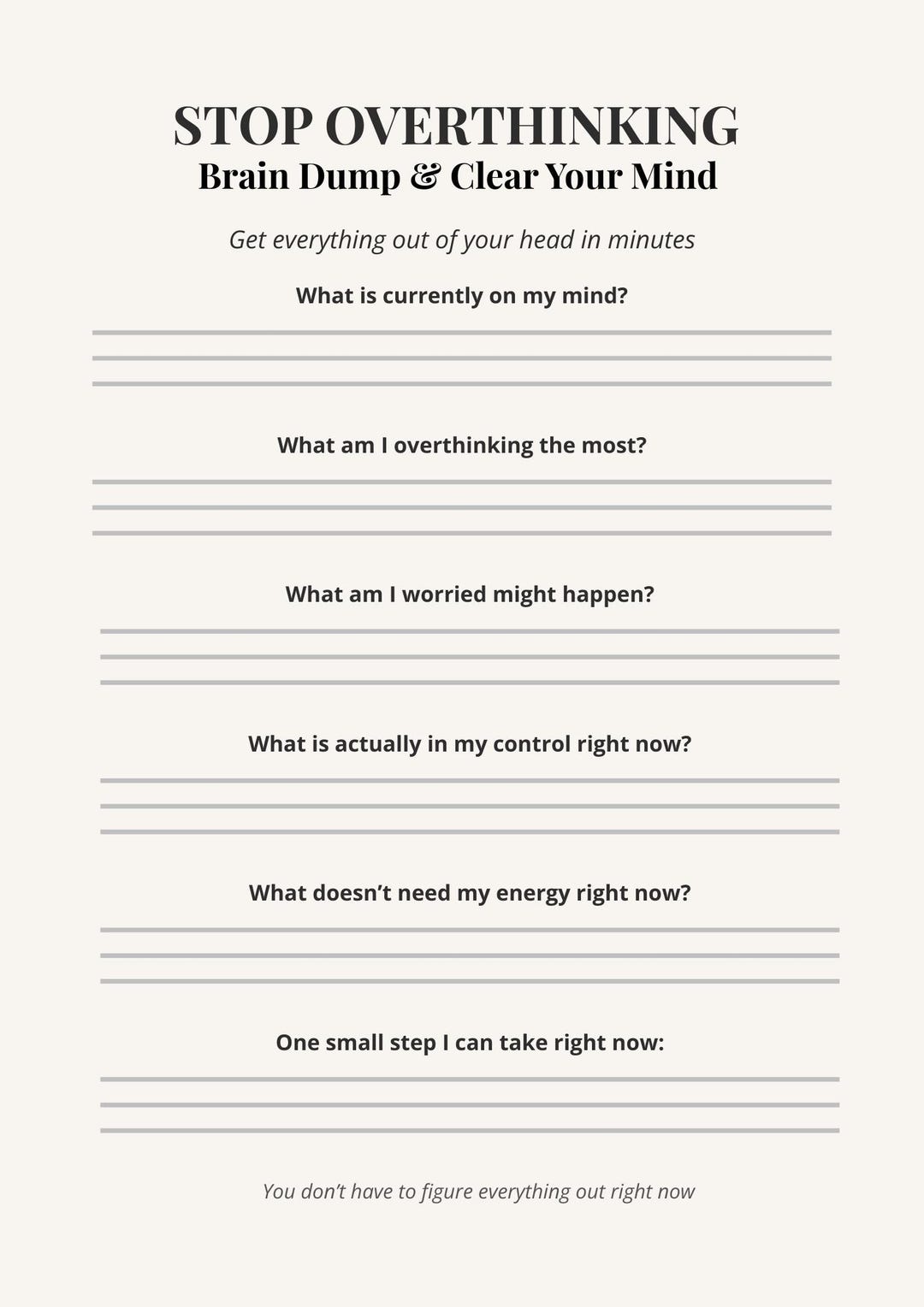 Stop Overthinking Worksheet, Brain Dump Printable, Clear Your Mind PDF ...