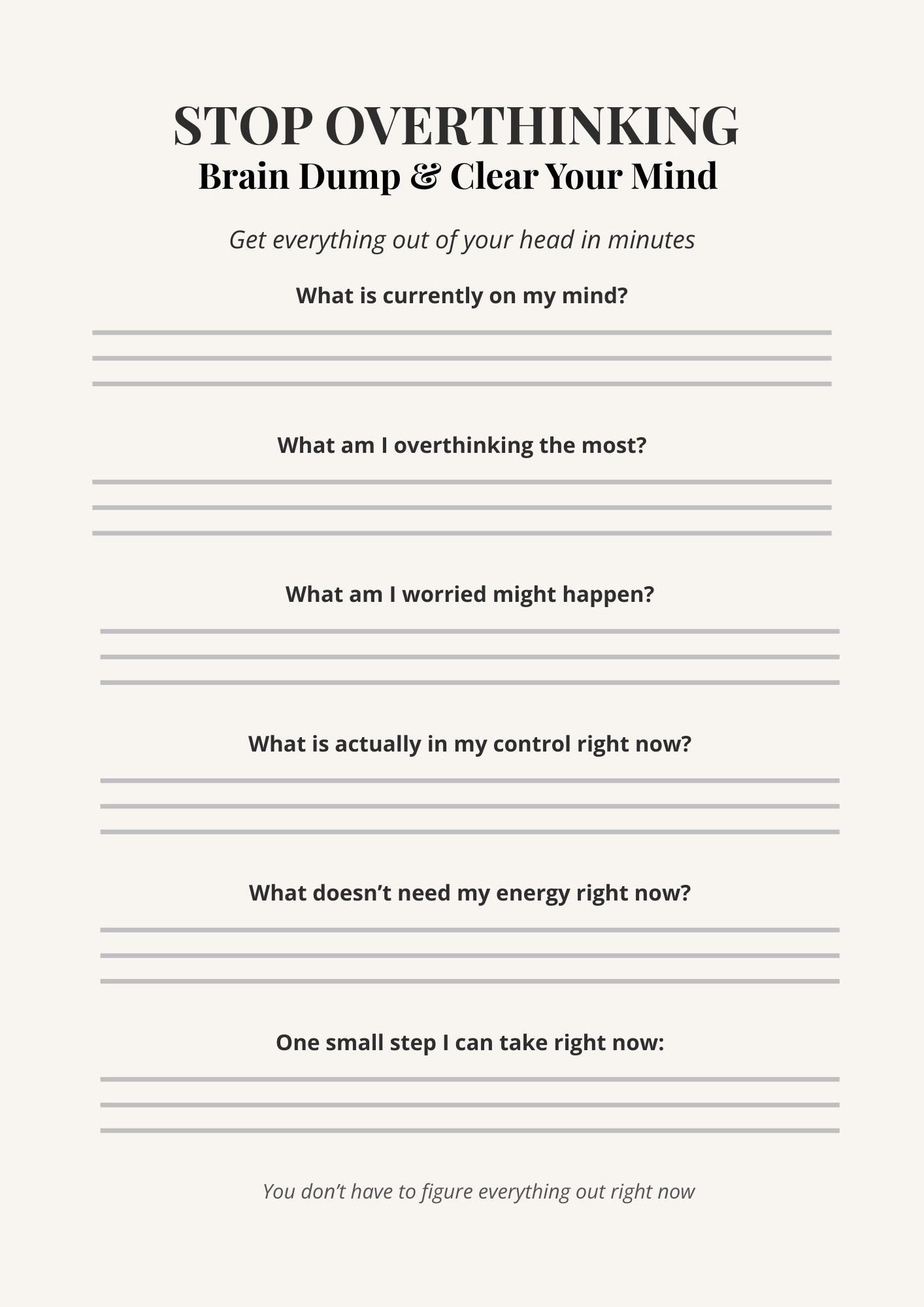 Stop Overthinking Worksheet, Brain Dump Printable, Clear Your Mind PDF ...
